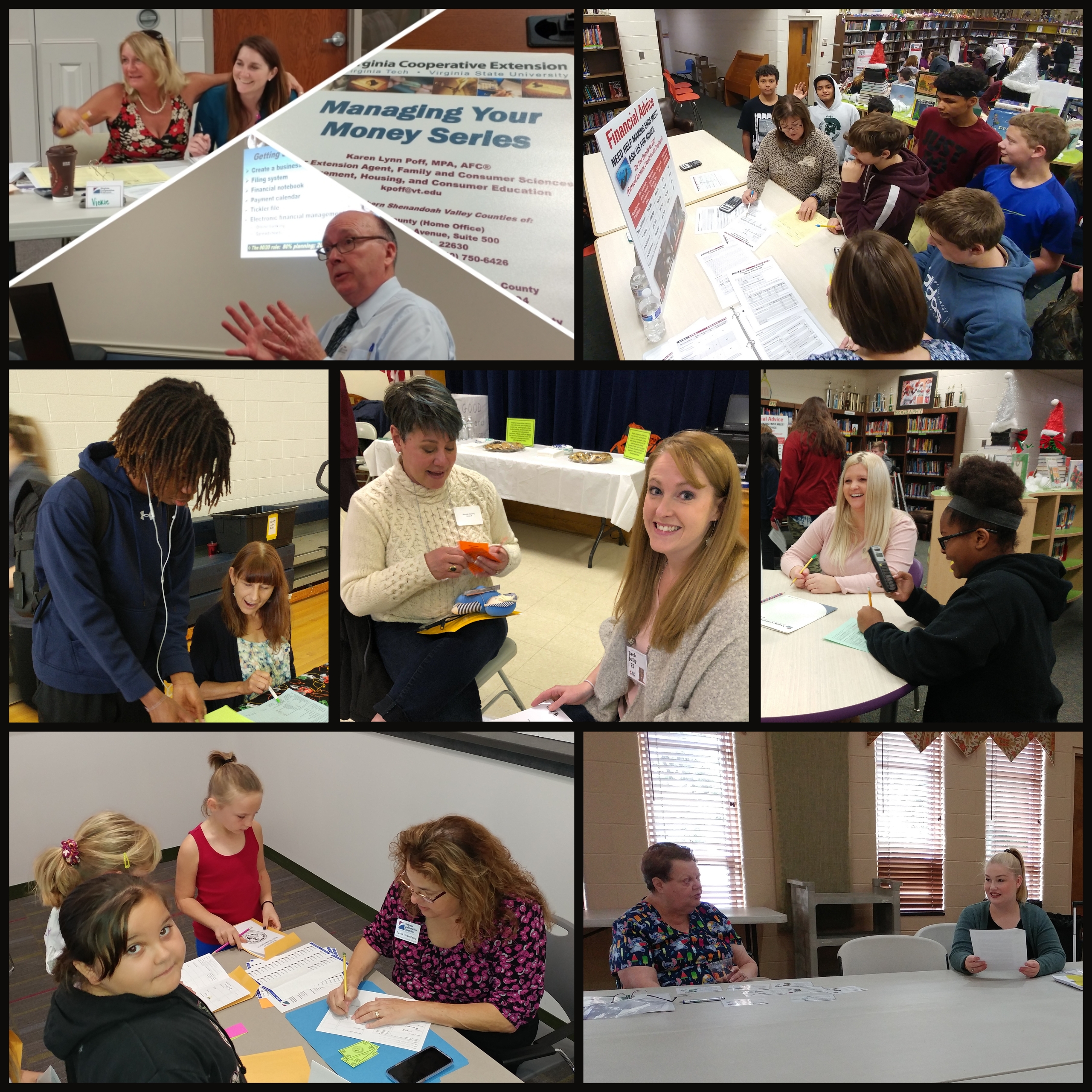 Collage of photos depicting various financial education program activities and events.