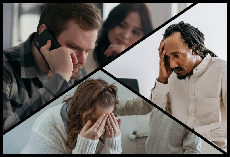 Collage of photos depicting people worried about finances.