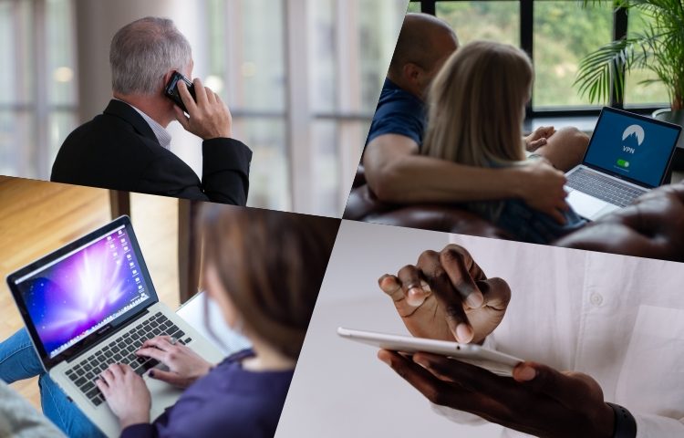 The image shows various format for virtual communication, such as phones, tablets, and laptops.