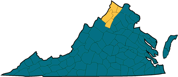 This image shows a map of the Virginia's Northern Shenandoah Valley localities.